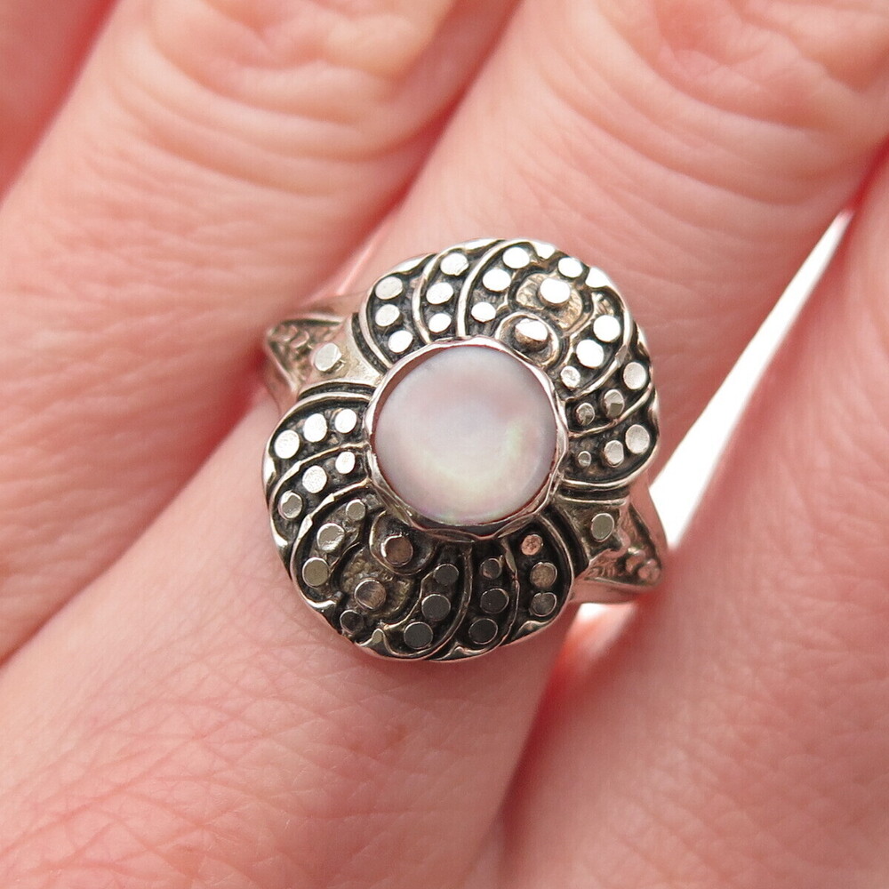 Silver Cloud 925 Sterling Vintage Real MOP Dotted Oxidized Ring Size 7.25